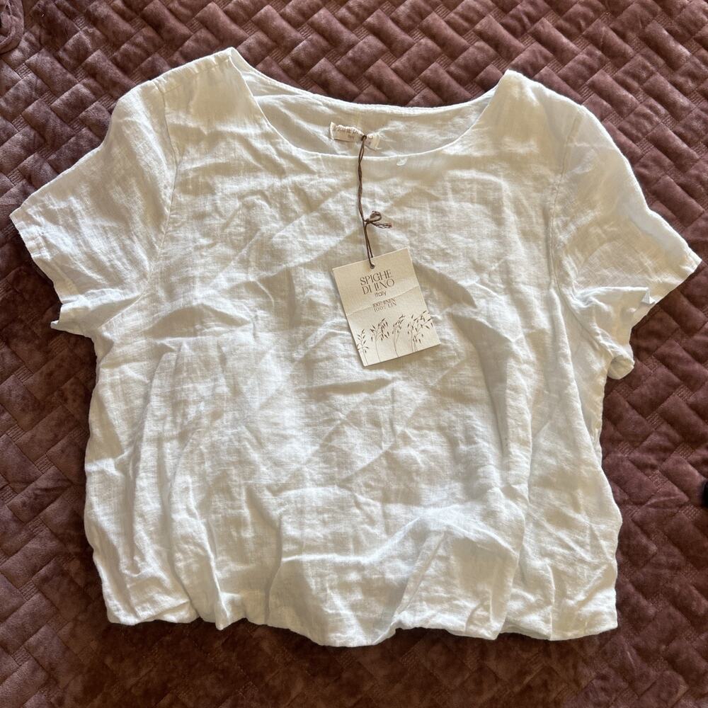 NWT Spighe Di Lino Italy Small 100% Linen White Cropped Bubble Hem Top Italian